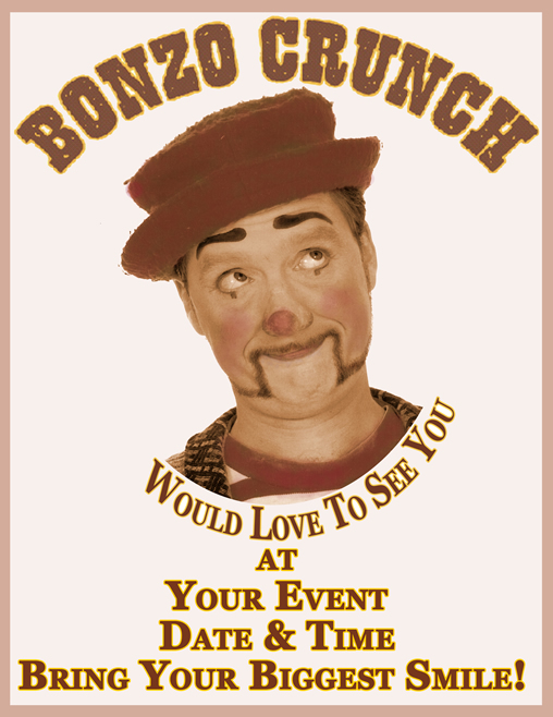 Sample party invitation with a picture of Bonzo Crunch's face above party details.